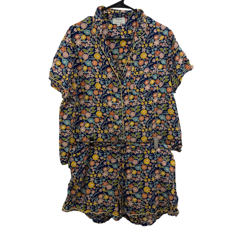 Crafted by Mahogany Pajamas Womens XL Blue Floral Print Cotton Short Sleeve Set